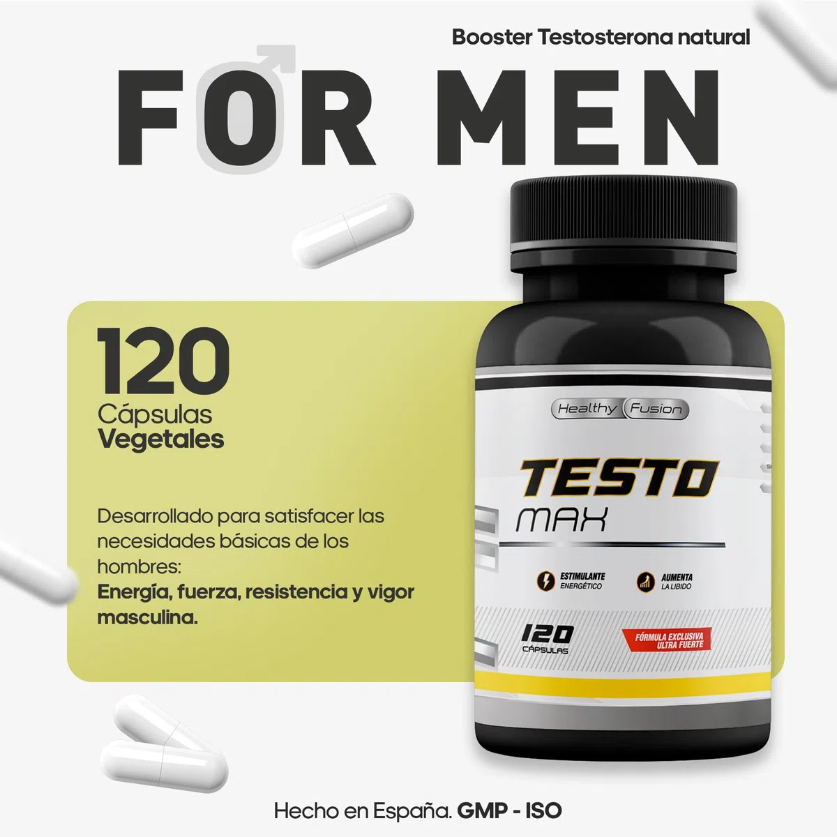Testosterona hombre | Energía, Fuerza, Musculación y Vigor | Maca Andina, Ginseng, Tribulus y Taurina | Estimulante Energético | Mejora el rendimiento deportivo y muscular | Vigorizante | 120 cápsulas