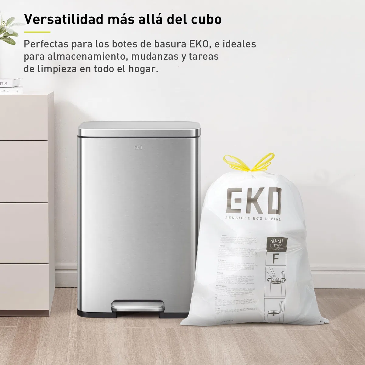 EKO - Bolsas de Basura - Código F - 60 Unidades - 40-60 L - Extrafuertes Antigoteo con Asas Autocierre - Blancas - para Cocina y Hog