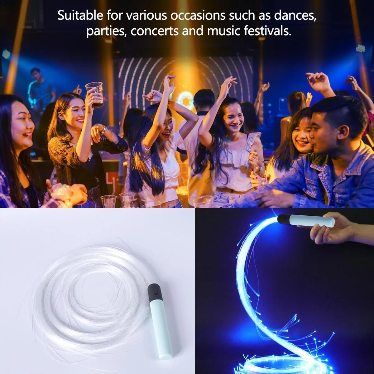 Látigo LED – Látigo iluminado, látigo de baile para | Látigo de fibra óptica iluminado giratorio de 360 grados, luz de baile, control remoto RF, látigo de luz de fibra alimentado por batería,