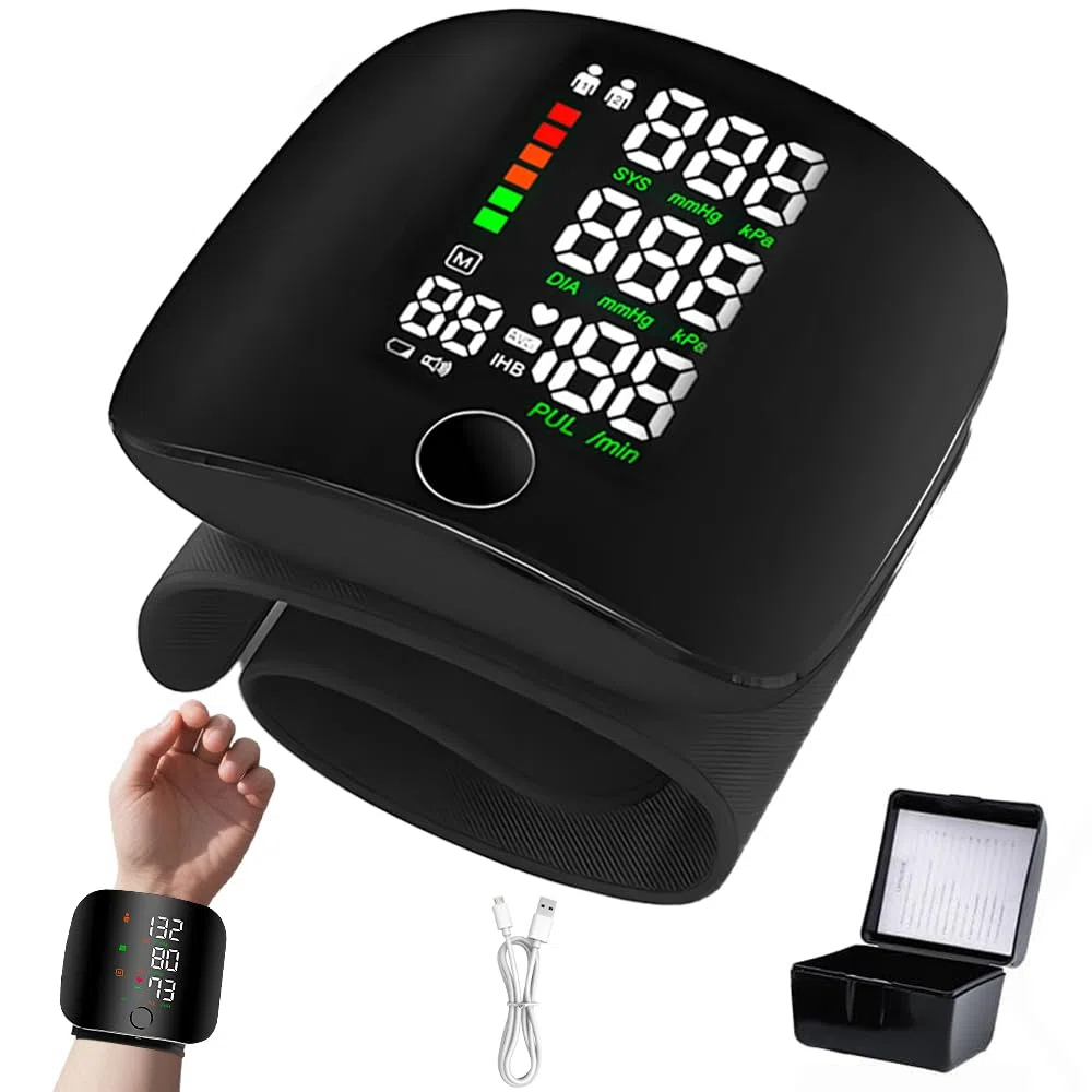 Tensiometro de Muñeca, Tensiómetro De Muñeca con Pantalla Táctil Led, Tensiómetro de Muñeca con Memoria de Lectura de 99x2 & Salida de Voz Automática, Recargable