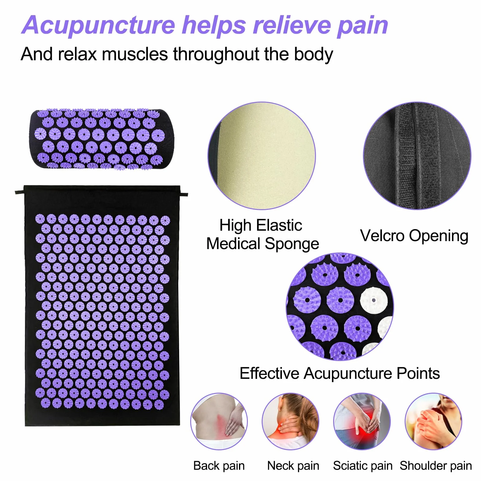 Magrimaxio Esterilla Acupresion Kit, Cojín de Acupresión con Almohada y Bolsa de Transporte, Mat de Masaje de Acupresión para Alivio del Dolor, Relajación Muscular, Meditación, Estimulación (Violeta)