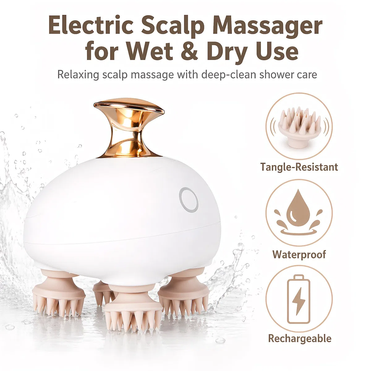 TeSabMi Masajeador de cuero cabelludo, masajeador de cabeza, diseño resistente a los enredos, 3 velocidades de masaje, masajeador de cabeza portátil, masajeador de cabello impermeable, regalo para