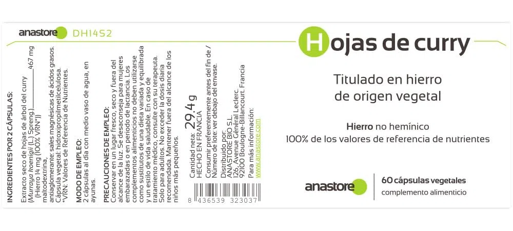 HIERRO DE ORIGEN VEGETAL (Murraya koenigii) * 233.5 mg / 60 cápsulas * Deficiencias (hemoglobina), Energia (fatiga), Inmunitario *