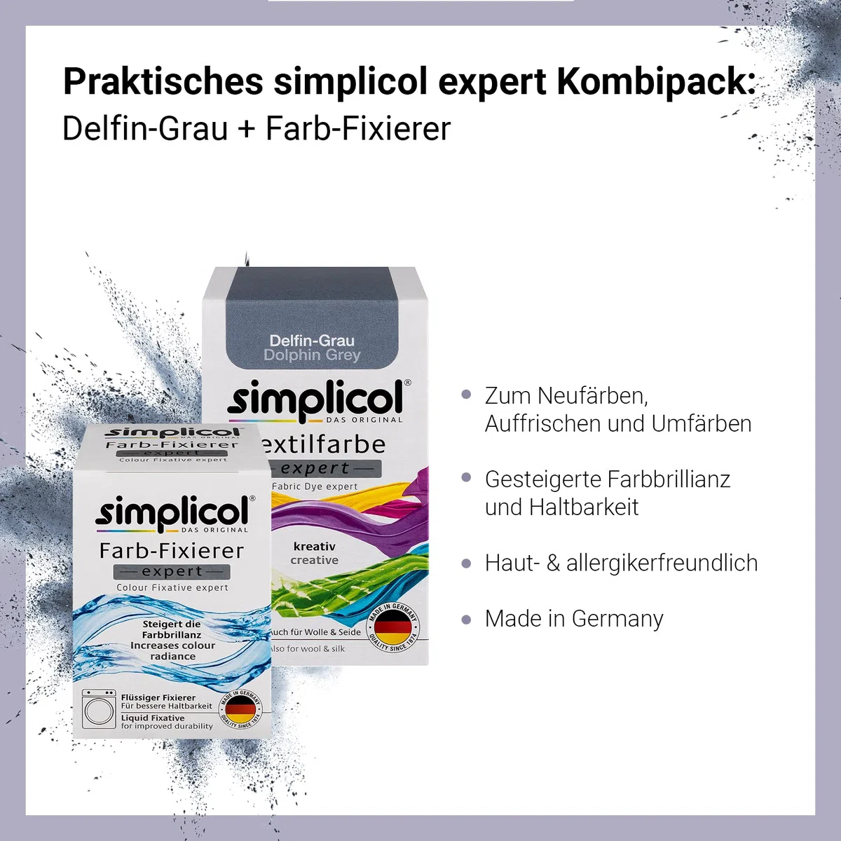simplicol Expert + fijador del Color Paquete de Kombi Fabric Dye: Tinte de Coloración para Textiles: Lavado a Mano o Lavadora - Gris