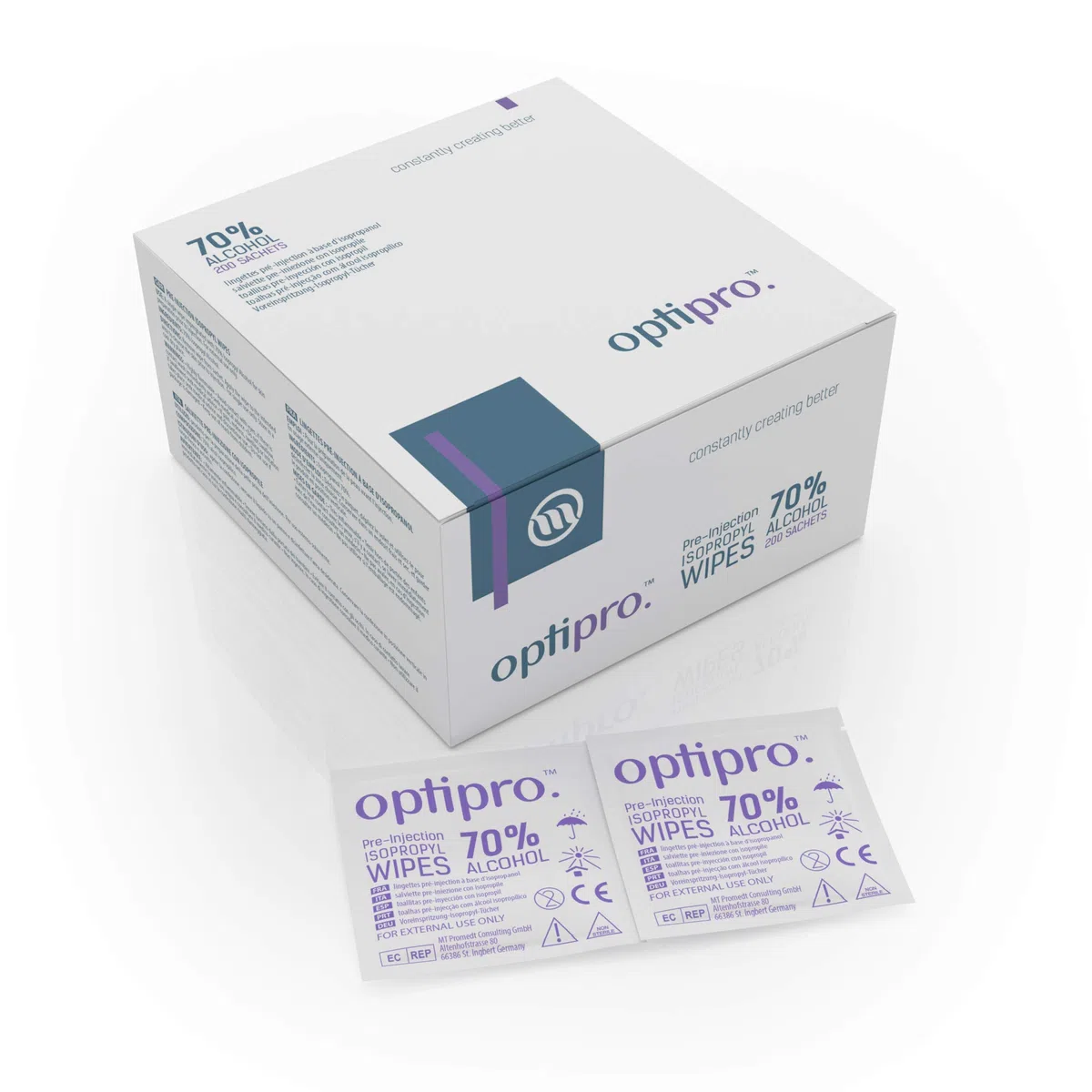 OptiPro Toallitas de Isopropilo con Preinyección de Alcohol al 70% – Toallitas Fáciles de Utilizar Envueltas Individualmente para Limpiar la Piel (Paquete de 200)
