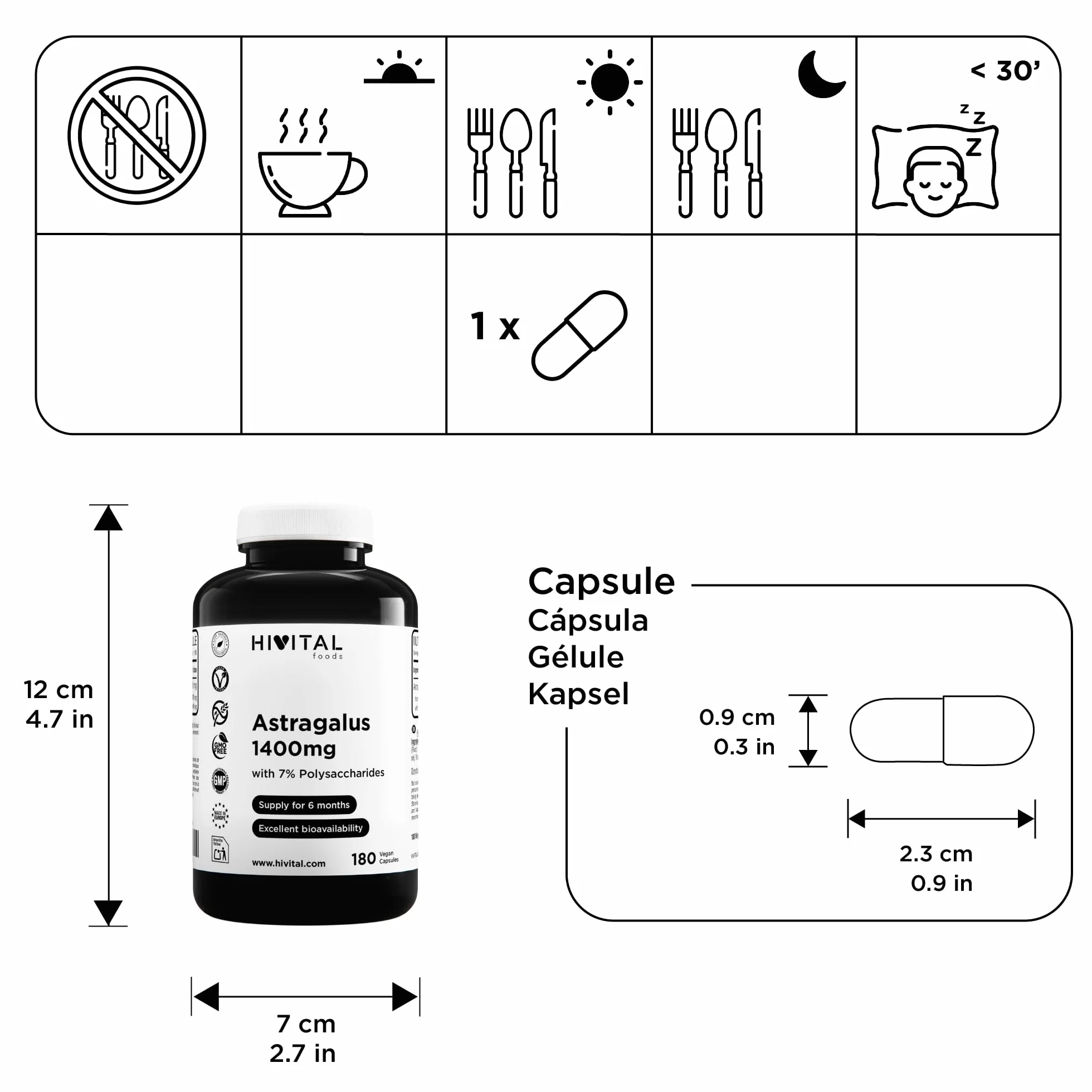 Astrágalo 1400 mg. 180 cápsulas veganas para 6 meses de tratamiento. Extracto Natural de Astragalus con 7% Polisacáridos. Fabricado en España por HIVITAL