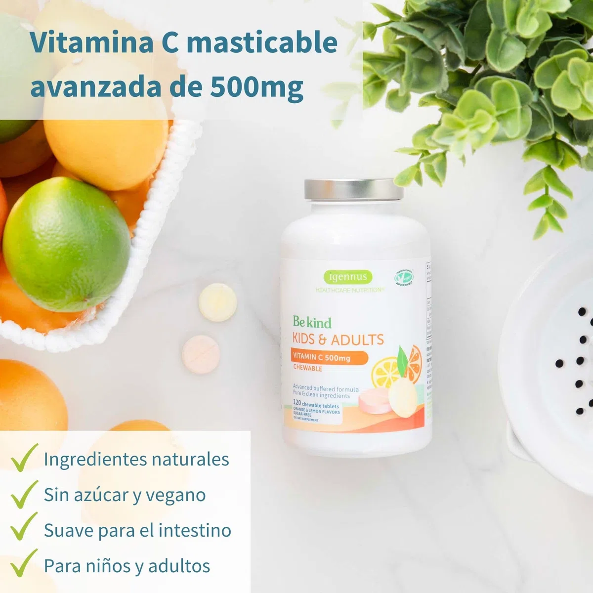 Igennus Vitamina C Avanzada Masticable Sin Azúcar 500mg, 120 Dosis, Niños y Adultos, Pura y Suave, Fórmula Tamponada de Alta Absorción, Vegana, Sabor a Naranja y Limón