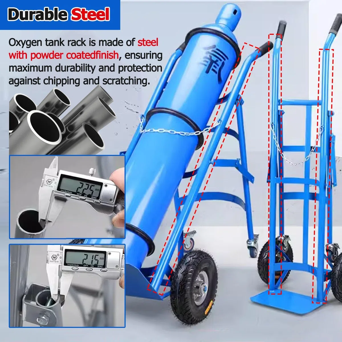 Soporte portátil para tanque de oxígeno rodante con ruedas, estante fijo de gas de un solo cilindro para almacenamiento de 40/50 L, mango retráctil,