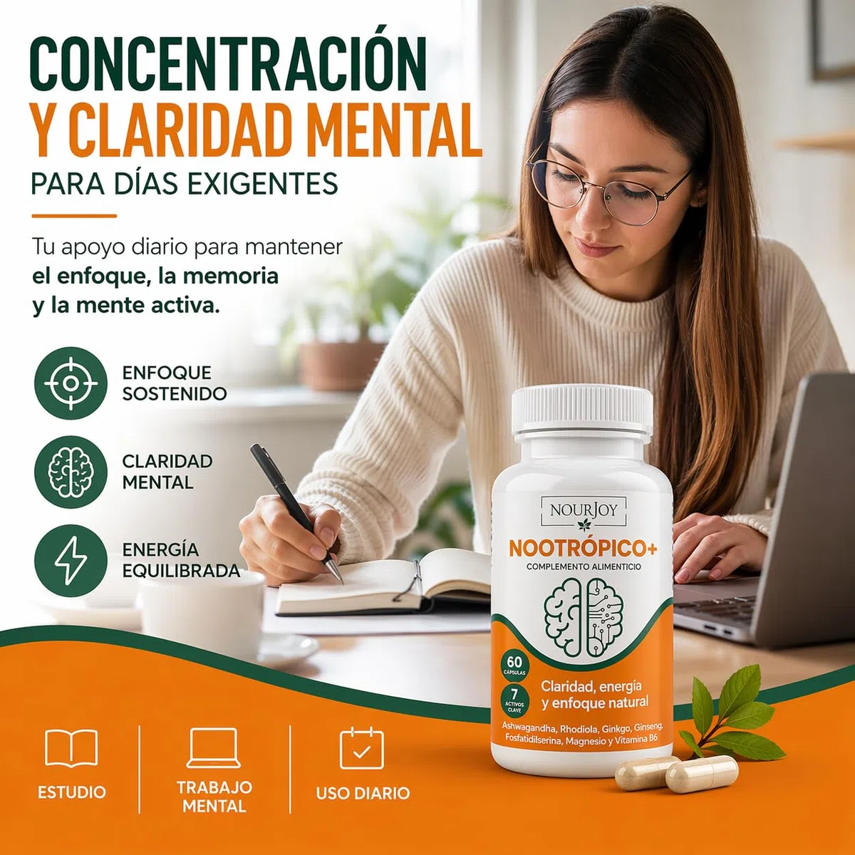 NOURJOY Nootrópico Natural - Memoria, Concentración y Energía Mental con Ashwagandha y Ginkgo Biloba 60 Cápsulas
