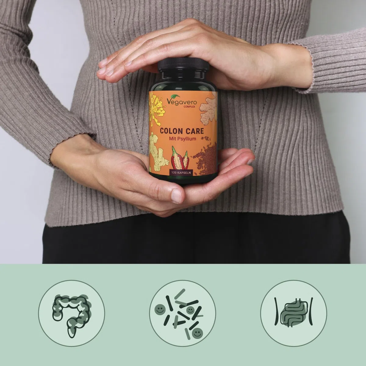 Vegavero Colon Irritable Complex | Psyllium Husk y Probioticos | Estreñimiento + Gases + Transito Intestinal | Flora & Cleanse | Vegan | 120 Cápsulas