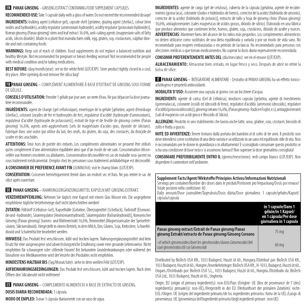 BioTechUSA Panax Ginseng | 75 mg Extracto Natural de Ginseng Coreano | 60 mg ginsenósidos | 60 Cápsulas
