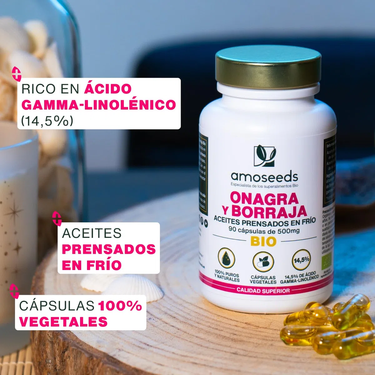 Aceite de Onagra y Borraja BIO | Primera presión en frío | 14,5% de ácido gamma-linolénico | 90 cápsulas vegetales, veganas | Primera Superior