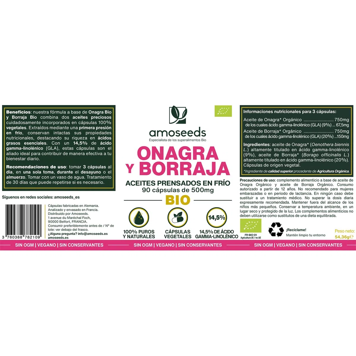 Aceite de Onagra y Borraja BIO | Primera presión en frío | 14,5% de ácido gamma-linolénico | 90 cápsulas vegetales, veganas | Primera Superior