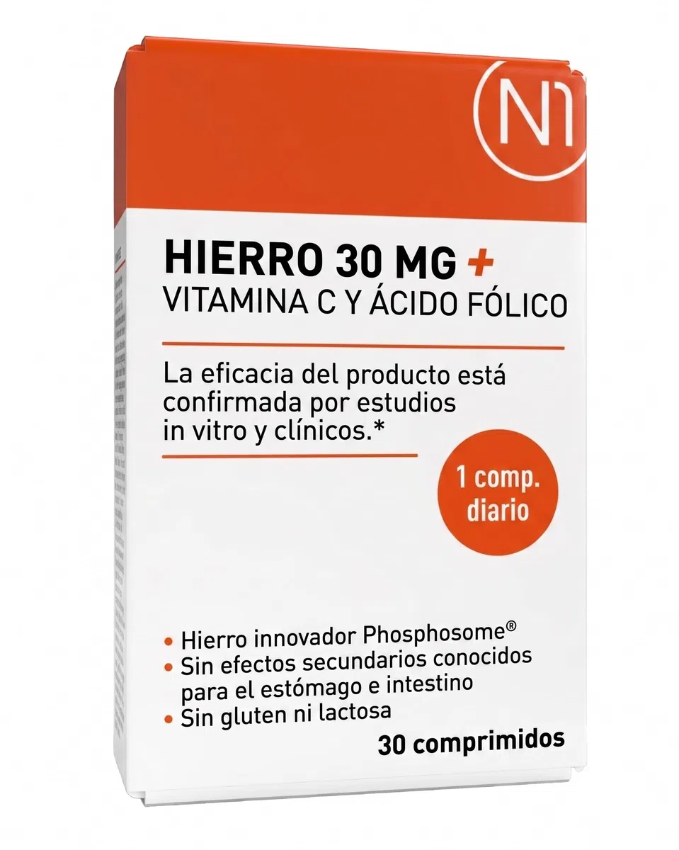 N1 Hierro 30 mg + vitamina C y ácido fólico - 30 tabletas de hierro - 98% de suplemento de hierro biodisponible - alta dosis para el sistema inmunológico, metabolismo energético y en caso de