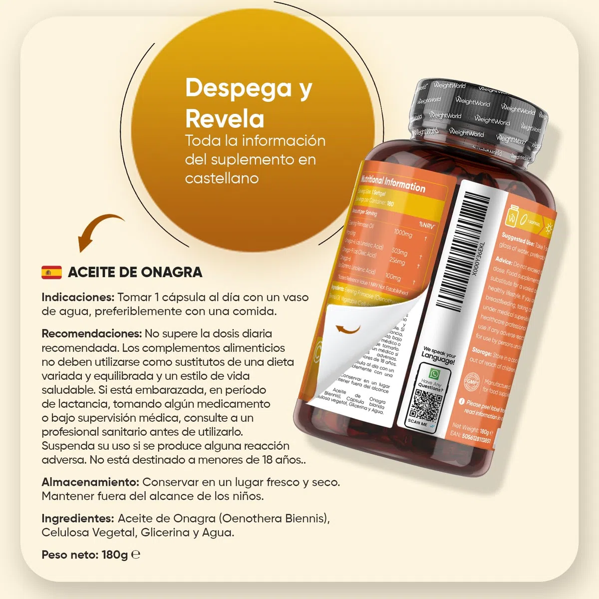 Perlas de Aceite de Onagra 1000mg - 180 Cápsulas, Fuente Natural de Omega 6 y 9 - El Ácido Linolénico Contribuye a Mantener Niveles Normales de Colesterol en Sangre (EFSA) - Prensadas en Frío, Vegano
