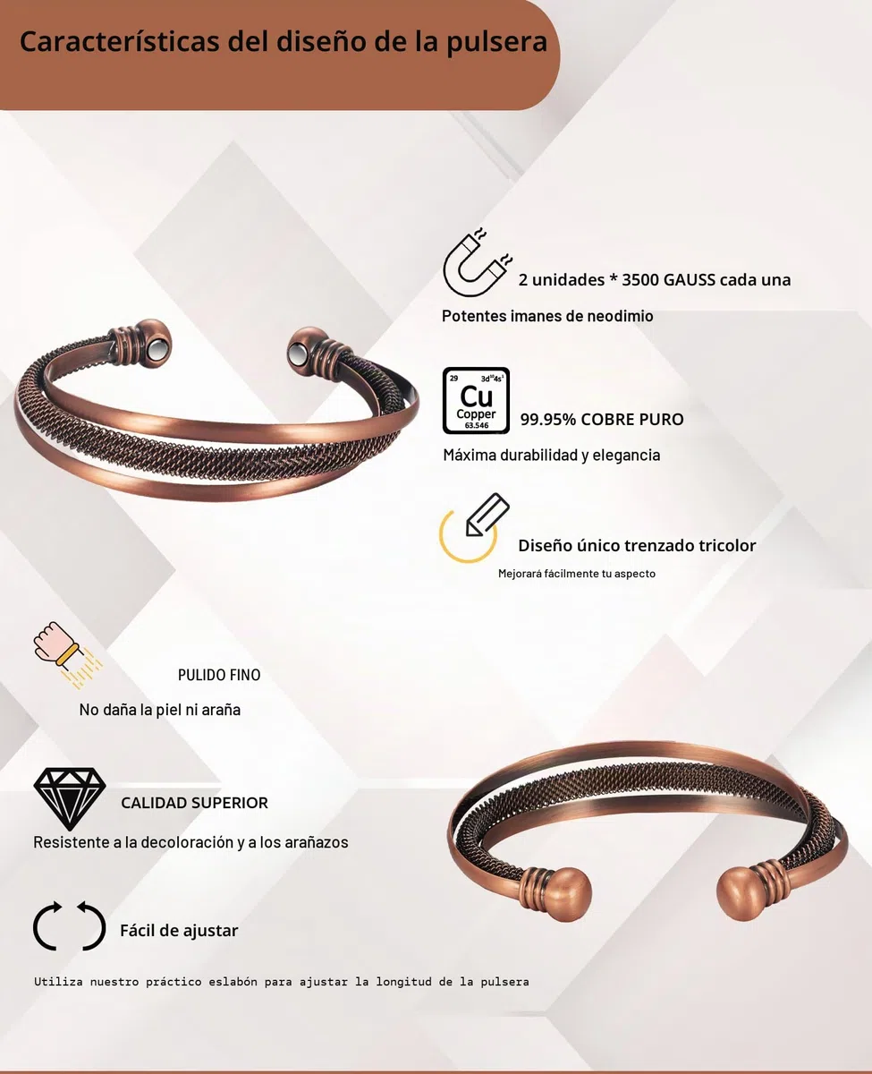 Wollet - Pulsera magnética de cobre, con 8 imanes de 3500 guass con caja de regalo (CPB-2023-FBM)