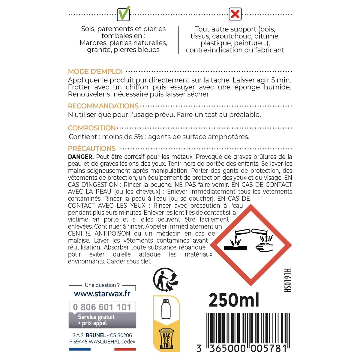 STARWAX – Quitamanchas de óxido – Mármoles y piedra natural – Limpia y elimina las huellas de óxido, no altera – Fabricado en Francia – 250 ml