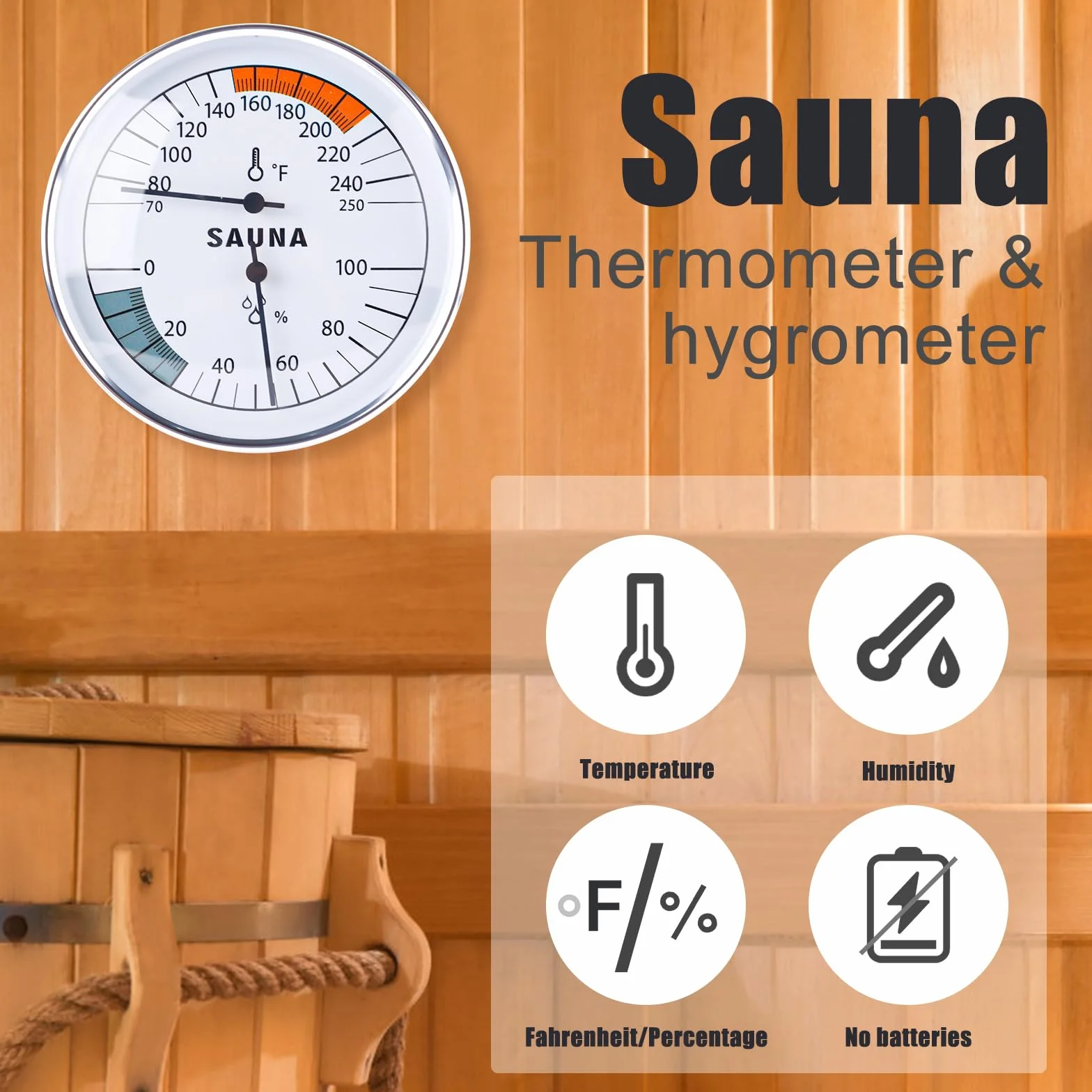 BOXOB Termómetro para Sauna, 2 en 1 Termómetro para Sauna en Grados Fahrenheit e Higrómetro Montaje en Pared para Sala de Sauna Monitor de Temperatura y Humedad Interior Sauna de Vapor Accesorios