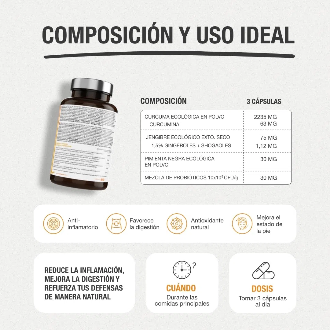 Cúrcuma con Jengibre y Pimienta Negra + Probióticos Eco. Cúrcuma Eco en cápsulas (2235 mg) con alta concentración de Curcumina. Potente Antiinflamatorio natural. Cúrcuma orgánica.120 cápsulas.