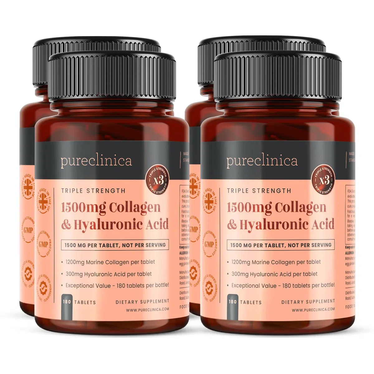 1500 mg x 720 comprimidos. 1200 mg de colágeno UltraColl y 300 mg de ácido hialurónico por tableta. (4 frascos de 180 comprimidos cada uno - suministro para 12 meses)