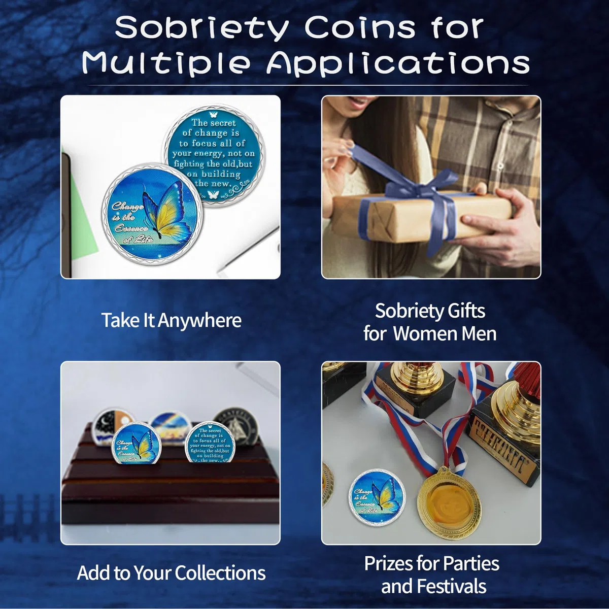 Moneda de sobriedad de mariposa azul, moneda de sobriedad del secreto del cambio, moneda de recuperación plateada con oración de serenidad, regalos de sobriedad de vida limpia para mujeres y hombres