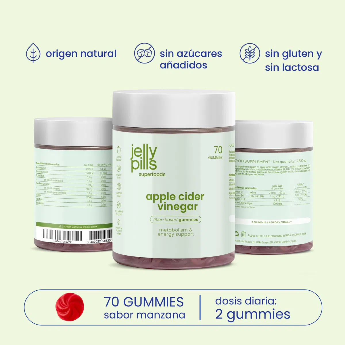 Jelly Pills Gominolas de Vinagre de Manzana de la Madre 1000mg con Cromo y Vitamina C - 70 Gummies Veganas - Sin Azucares Anadidos - Sabor a Manzana Natural - Apoya la Salud Digestiva