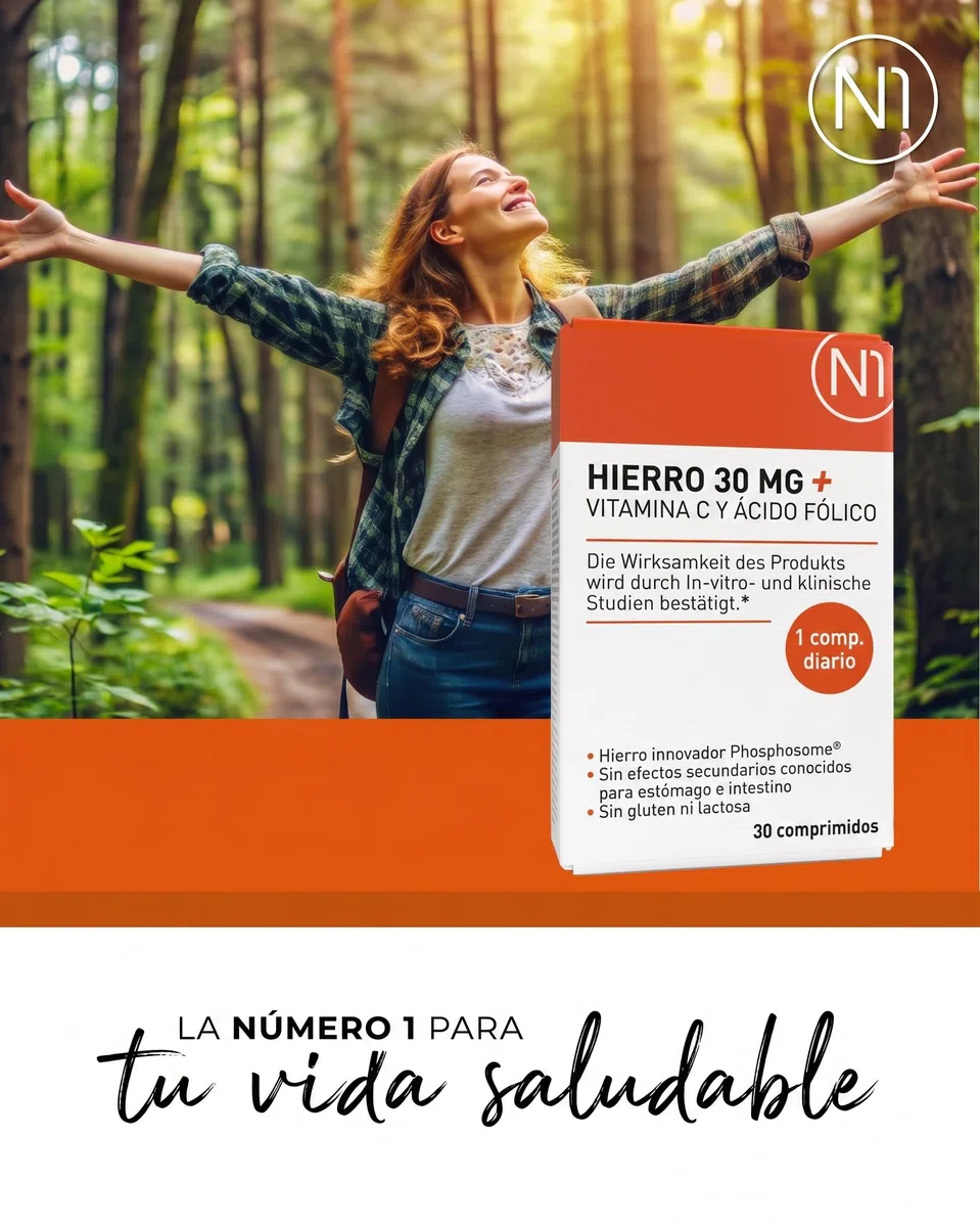 N1 Hierro 30 mg + vitamina C y ácido fólico - 30 tabletas de hierro - 98% de suplemento de hierro biodisponible - alta dosis para el sistema inmunológico, metabolismo energético y en caso de