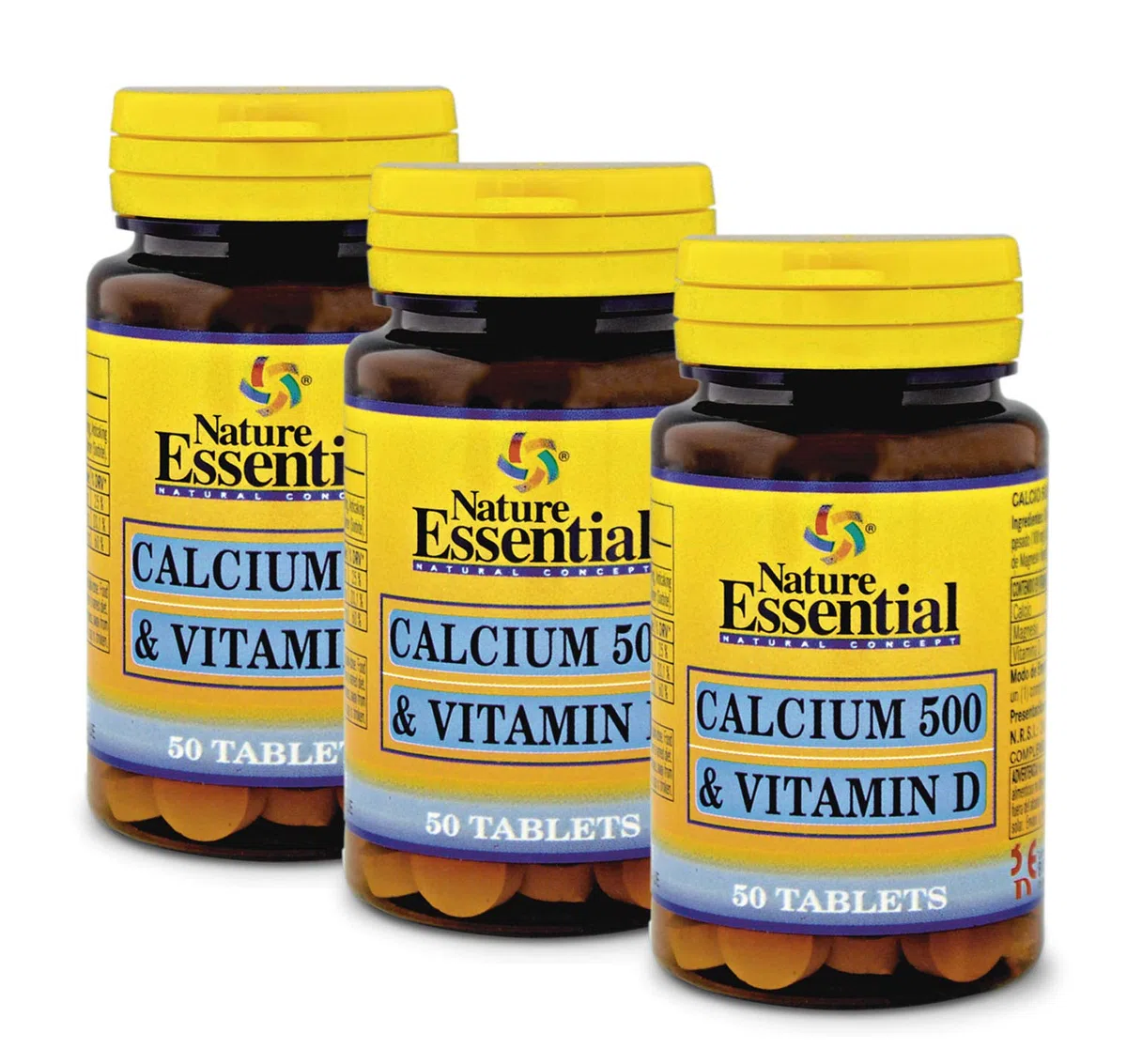 Nature Essential - Calcio 500 y Vitamina D Pack de 3 Unidades - 50 Cápsulas - El Calcio Favorece la Salud de los Huesos - Ayuda a la Función Cognitiva