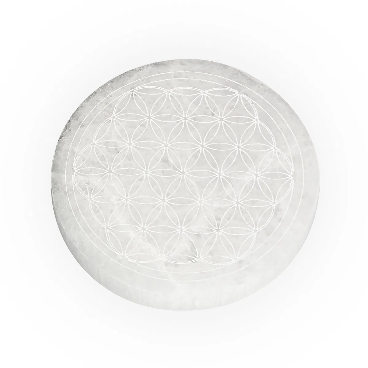 NKlaus Disco de Flor de la Vida en Selenita Placa de Selenita 12 cm Piedra de Recarga Grabada Flor de la Vida, Energizante Ideal para Reiki, Meditación y Decoración