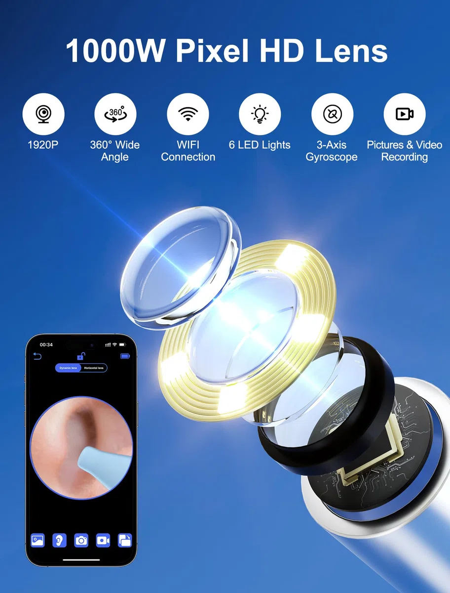 NEUTYPECHIC Otoscopio Limpiador de Oídos 3,6mm, 1920P WIFI Endoscopio Oido, Impermeable IP67 con 6 Luces LED Kit Limpiador de Oidos otoscopio digital para iPhone, iPad y Android para Cuidado Familiar
