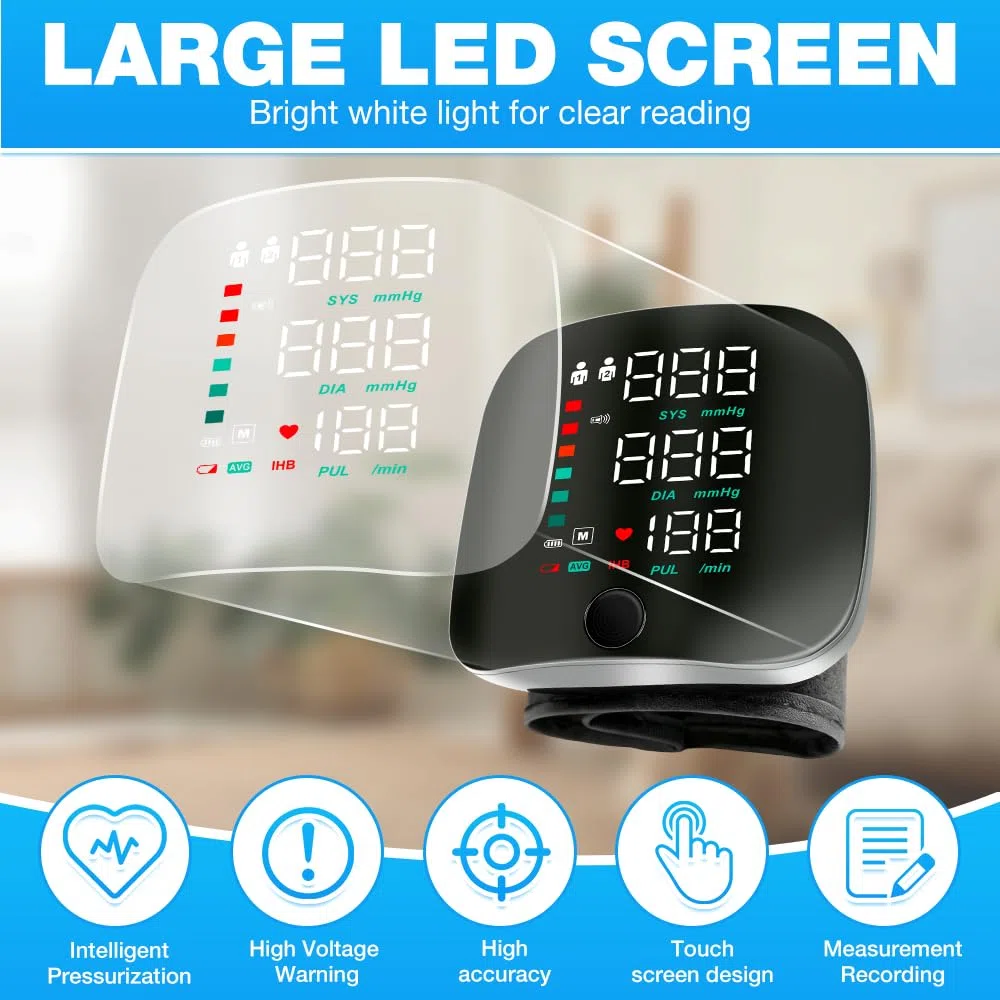 Tensiometro de Muñeca, Monitor de Presión Arterial de Muñeca con Pantalla LCD, Carga USB Portátil, Brazalete Ajustable, Memoria 2 * 99 para Uso Doméstico y de Viaje