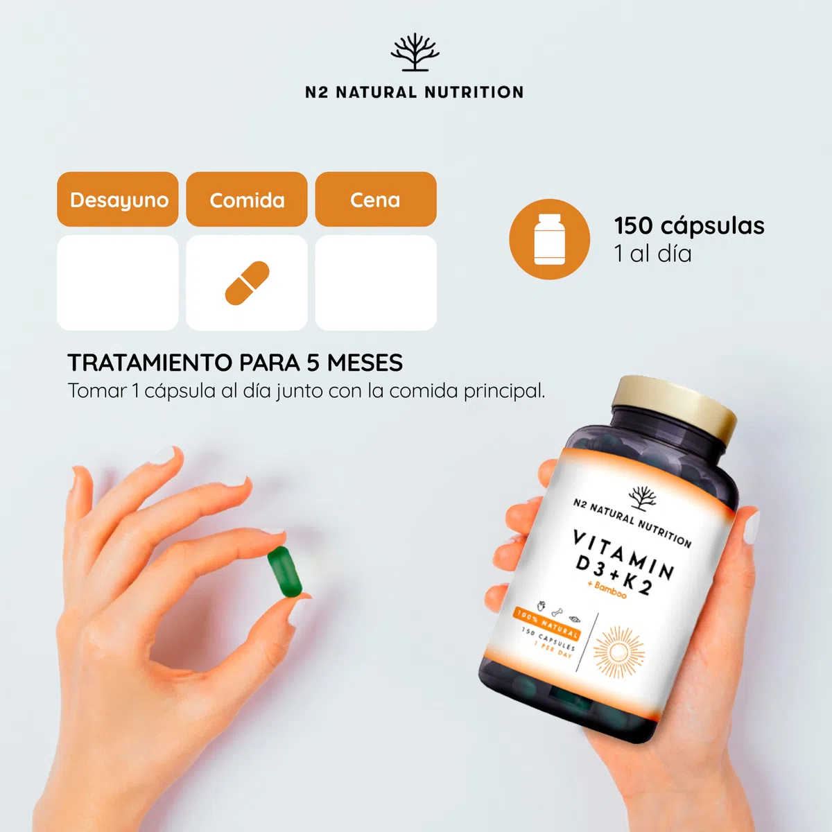 Vitamina D3 y K2. Vitamina D3 5000 ui + Vitamina K2 MK7 200 μg + Silicio + Bamboo. Alta Dosificación y Biodisponibilidad. Contribuye al Sistema Inmunológico. 150 Cápsulas. N2 Natural Nutrition