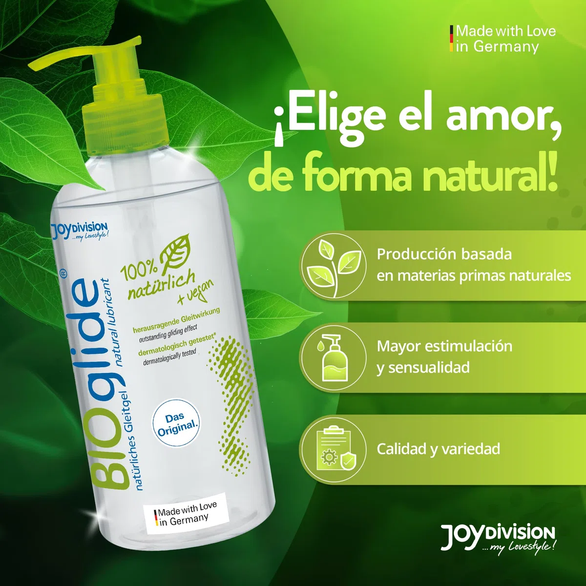JOYDIVISION Original BIOglide neutral gel lubricante 500 ml | Lubricante 100% natural y vegano | Gel lubricante orgánico a base de agua apto para condones de látex | Lubricación a base de agua