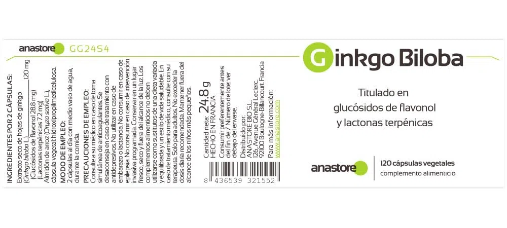 GINKGO BILOBA * 60 mg / 120 Cápsulas * Titulado al 24% min. de glucósidos de flavonol y al 6% min. de lactonas terpénicas * Cerebro
