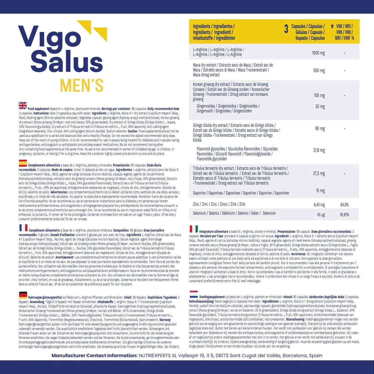 TESTOSTERONA Hombre - Potenciador Masculino - Más Duración + Fuerza + Energía - Maca, Tribulus Terrestris, Ginseng, L-Arginina, Ginkgo Biloba y Zinc - Alta Dosis - Vigosalus 90 Cápsulas