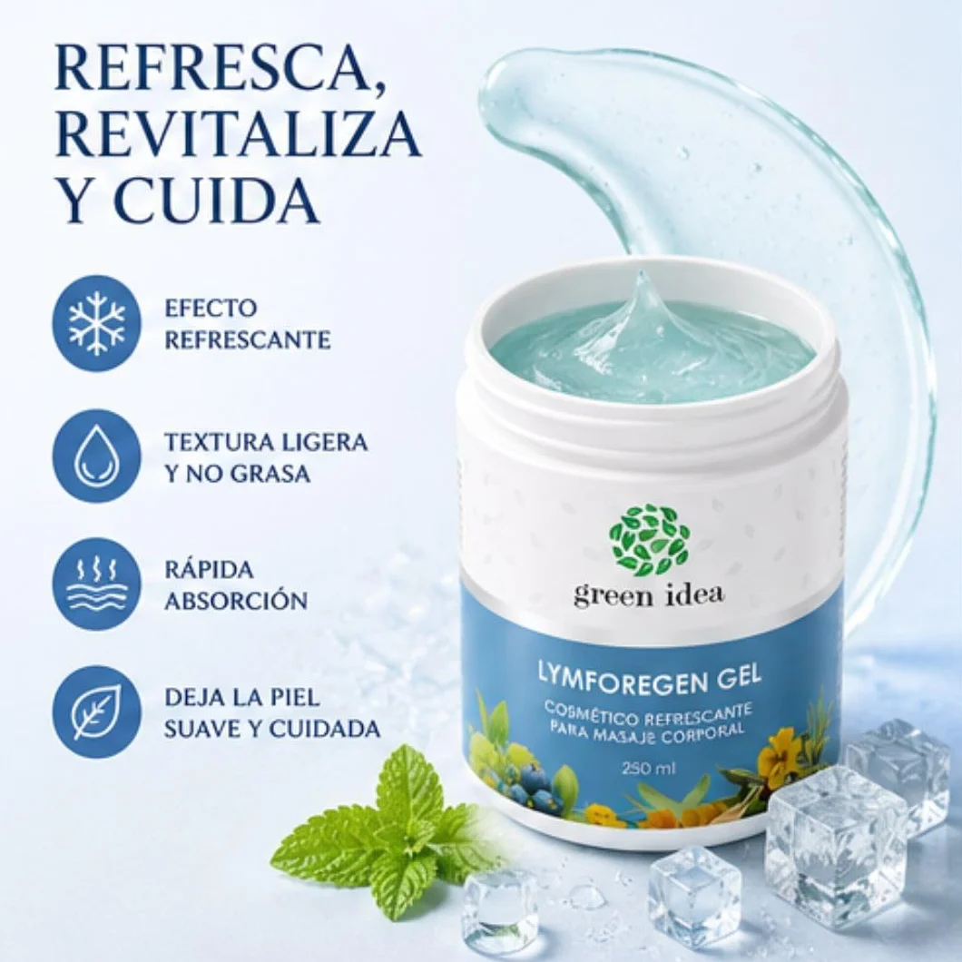 Green idea Lymforegen Gel para Piernas Cansadas y Pesadas – Gel Refrescante para Masaje Corporal con 15 Extractos Vegetales, Aceites Esenciales, Mentol y Rutina – 250 ml