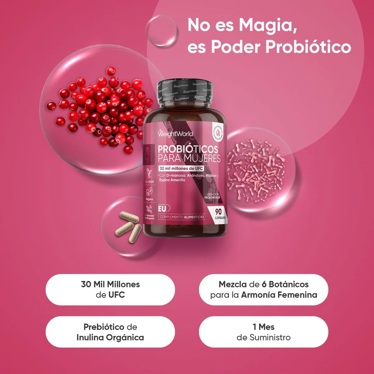 Probióticos Mujer Flora Íntima - 30 Mil Millones de UFC - Con Prebiótico de Inulina, Arándano Rojo, D Manosa y Extractos Botánicos para la Armonía Femenina - Vegano, Sin OGM