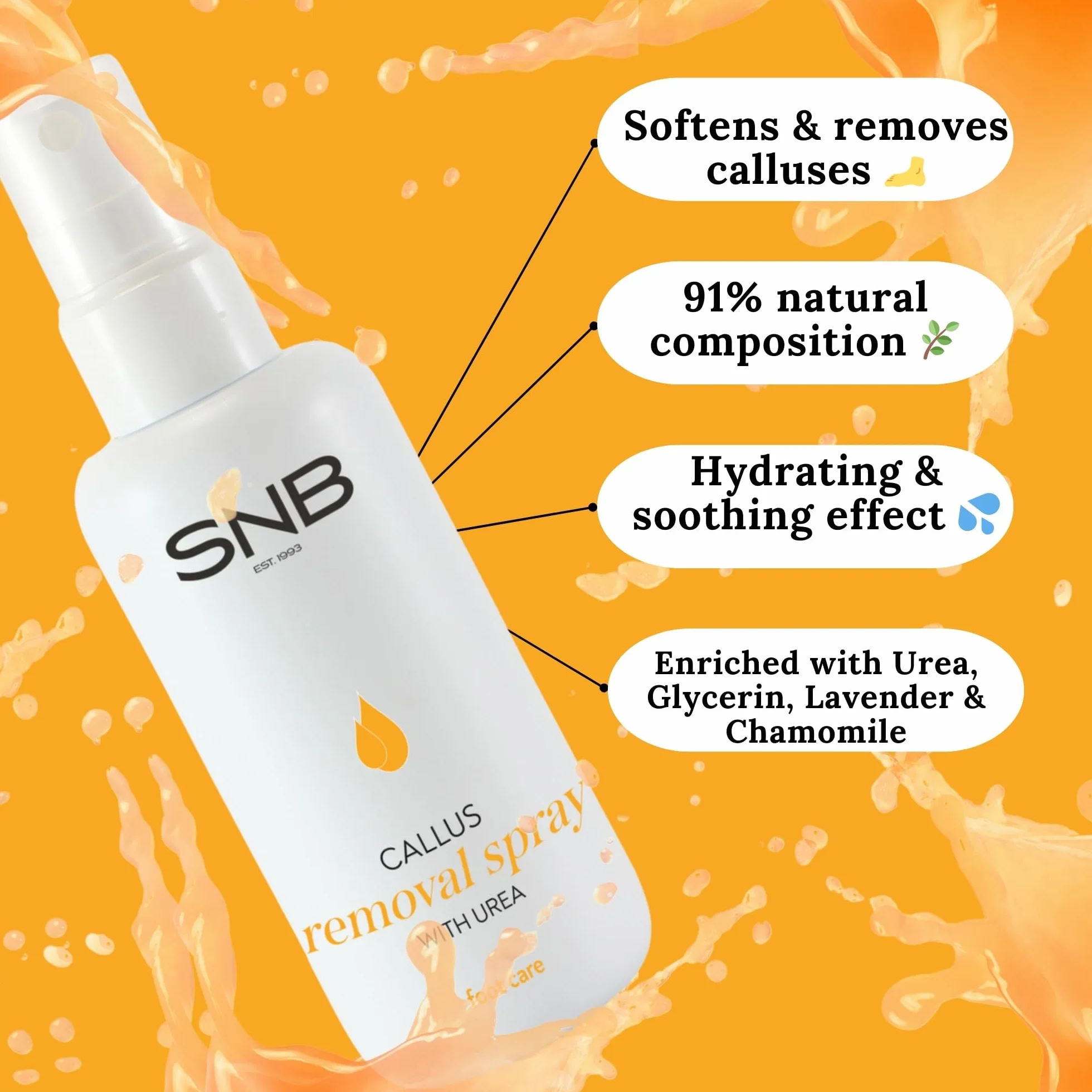 SNB Professional Callus Removal Spray 110 ml con urea, aceite de lavanda, glicerina, eucalipto y manzanilla, composición 91% natural, eliminador de callos de los pies, para piel muy seca