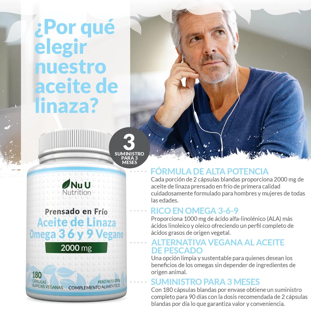 Aceite de Linaza Vegano 2000mg - 180 Cápsulas Blandas - Prensado en Frío Rica Fuente de Omega 3 6 y 9 | Suministro para 3 Meses - Fabricado en Europa - Nu U Nutrition