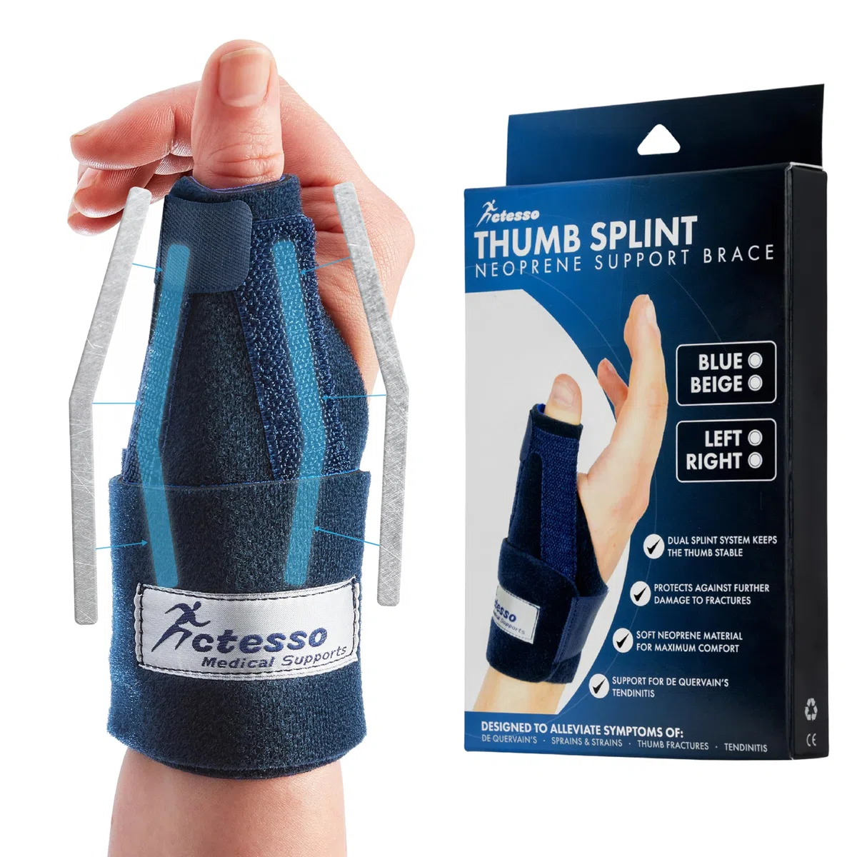 Actesso Férula de Neopreno para el Pulgar - Órtesis para Dolores y Lesiones, Tenosinovitis de De Quervain, Tendinitis y Esguinces - tamaño universal (Azul, Talla única, Mano Derecha)