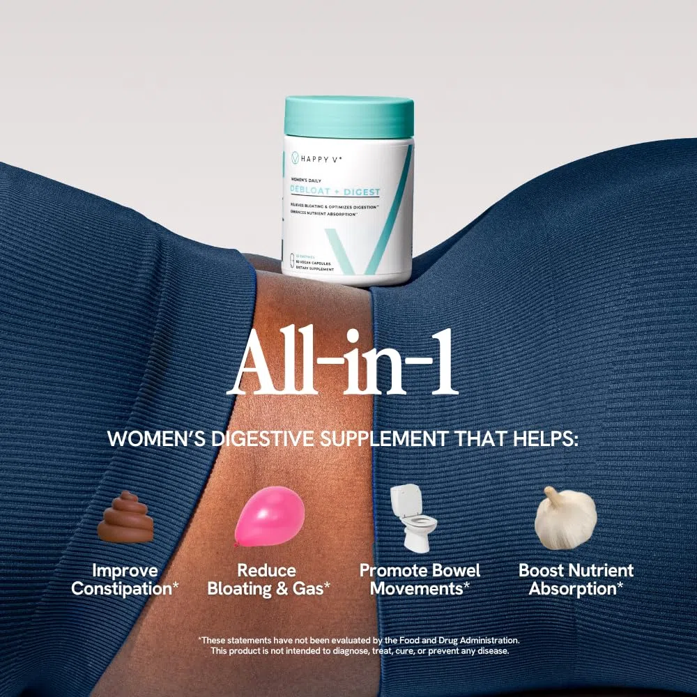 Happy V Debloat + Digest - Enzimas digestivas para mujeres que promueven la hinchazón, los gases, el estreñimiento, la salud intestinal y la absorción de nutrientes - Stomach Comfort & Digestos
