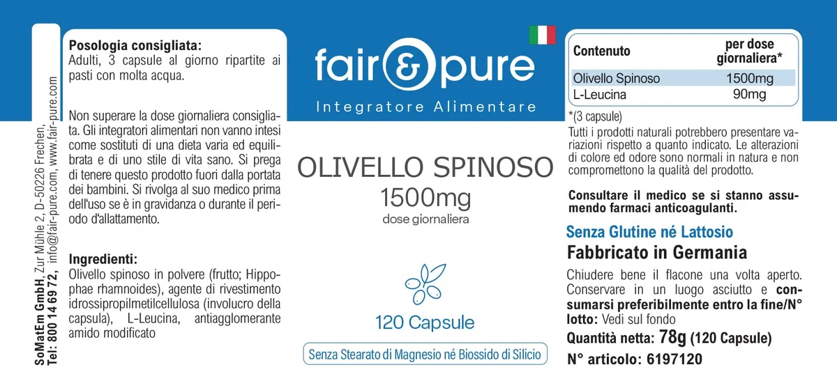 Fair & Pure Espino amarillo 1500mg, 120 cápsulas, complemento alimenticio vegano sin estearato de magnesio, fabricado en Alemania.