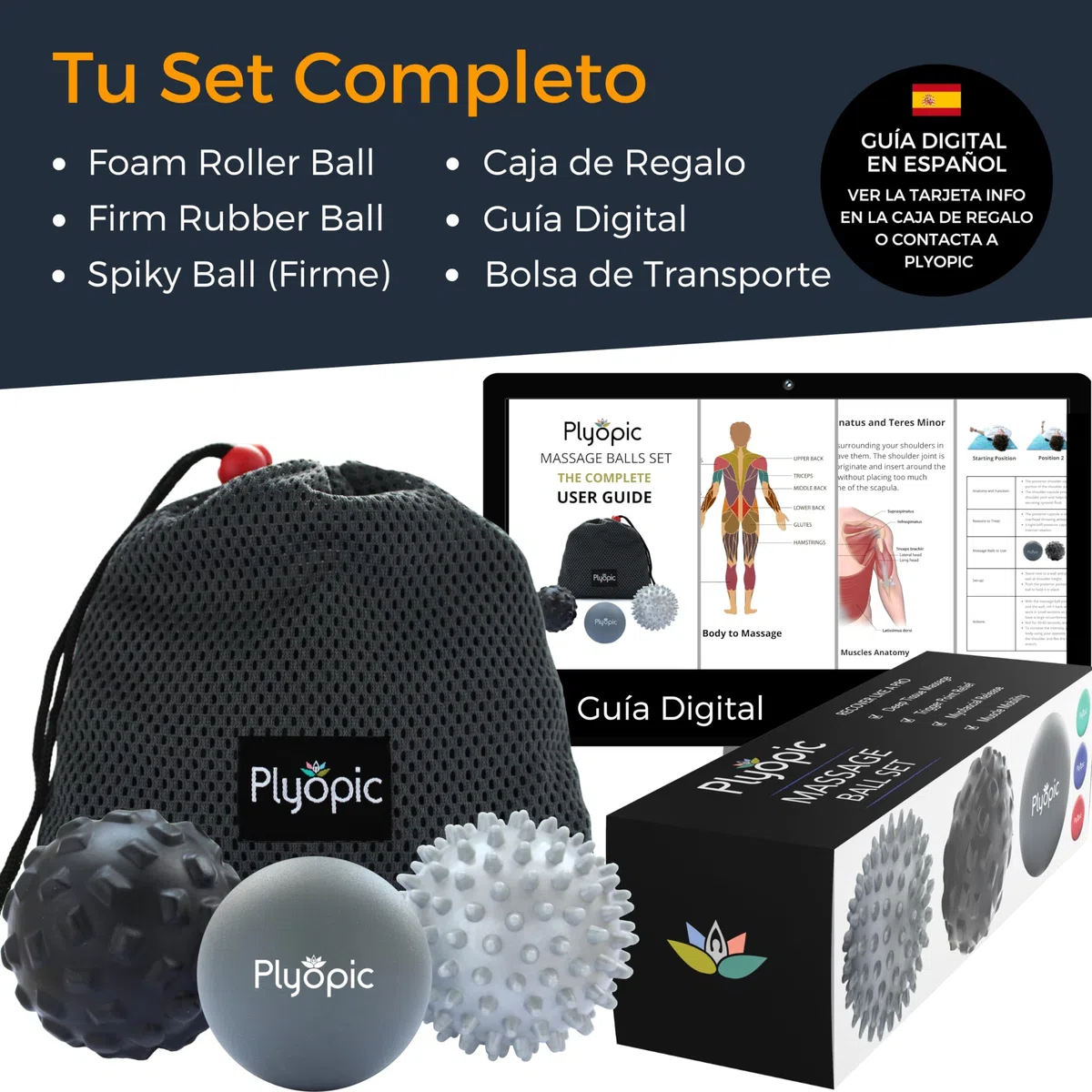 Plyopic Bolas de Masaje – (Set de Massage Balls) – para Automasaje, Liberación Miofascial, Trigger Point, Crossfit y Fascitis Plantar. Elimina Dolores Musculares: Espalda Cuello Piernas Pies etc.