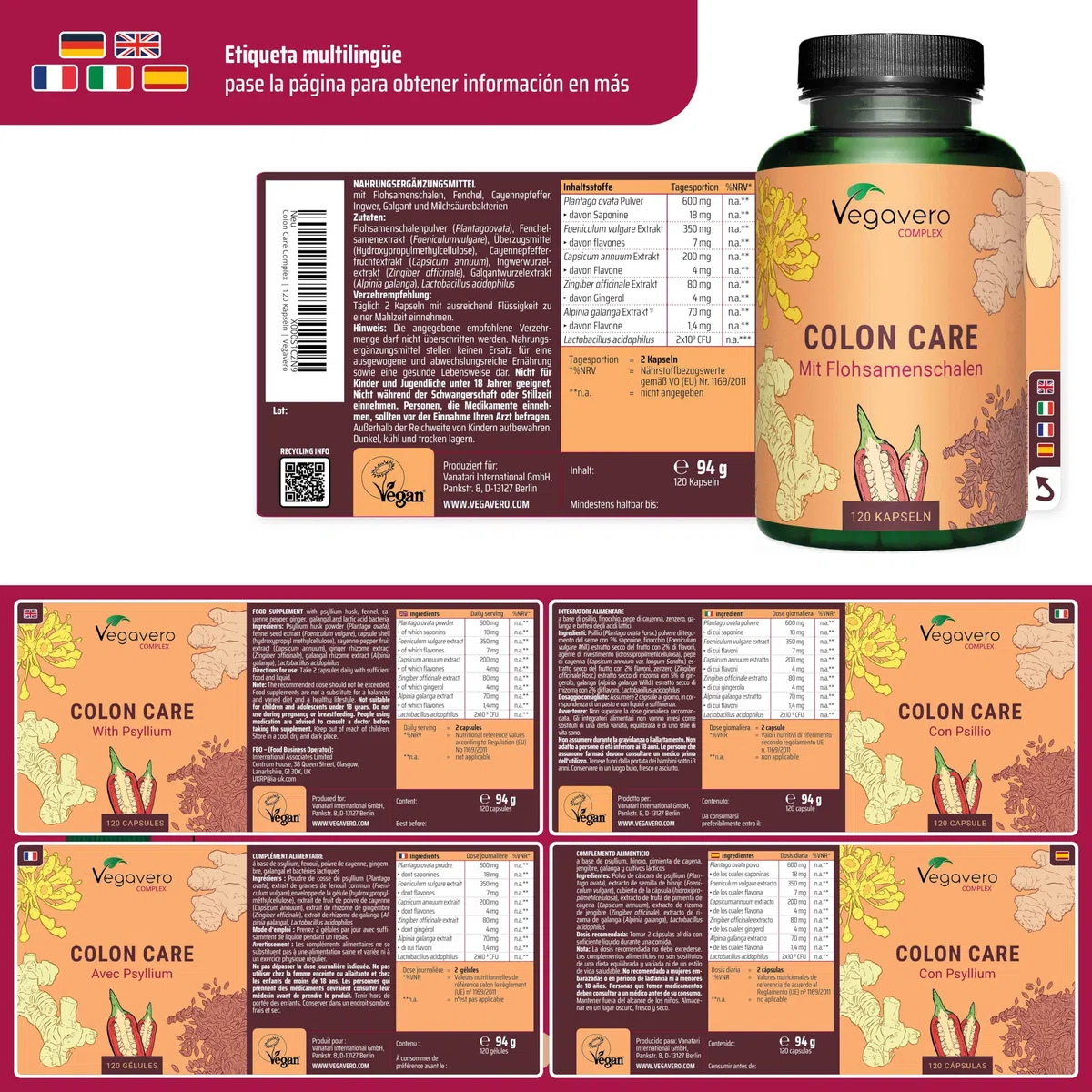 Vegavero Colon Irritable Complex | Psyllium Husk y Probioticos | Estreñimiento + Gases + Transito Intestinal | Flora & Cleanse | Vegan | 120 Cápsulas