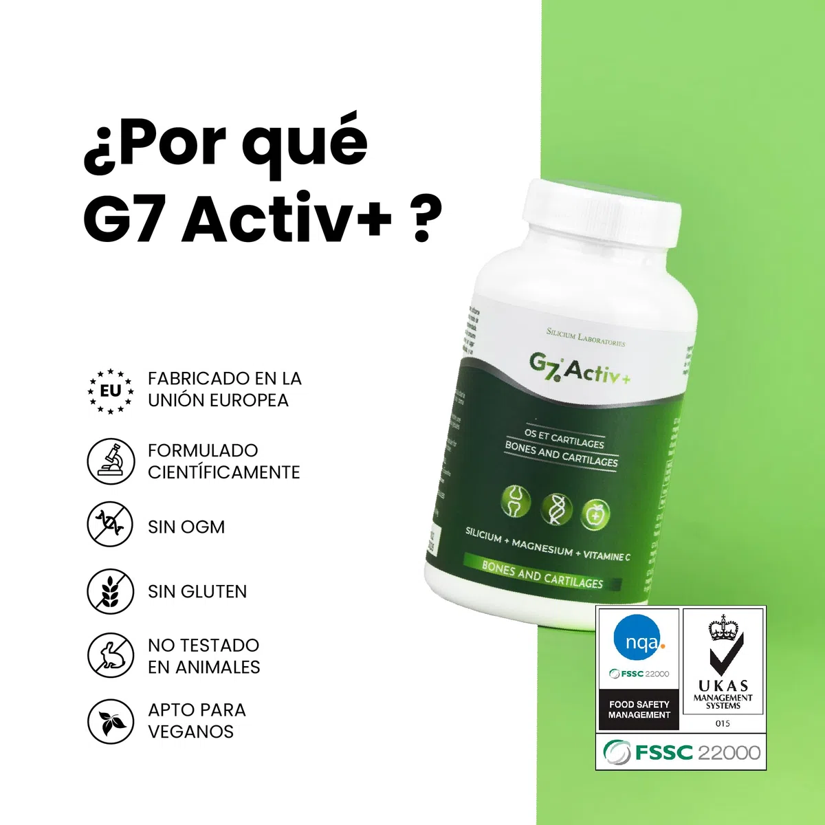 G7 Activ+. Fórmula Mejorada. Suplemento De Silicio Con Vitamina C Y Magnesio Que Mejora El Mantenimiento Normal Del Los Huesos Y Las Articulaciones. Aporte De Energía Extra Y Vitalidad. 60 Cápsulas.