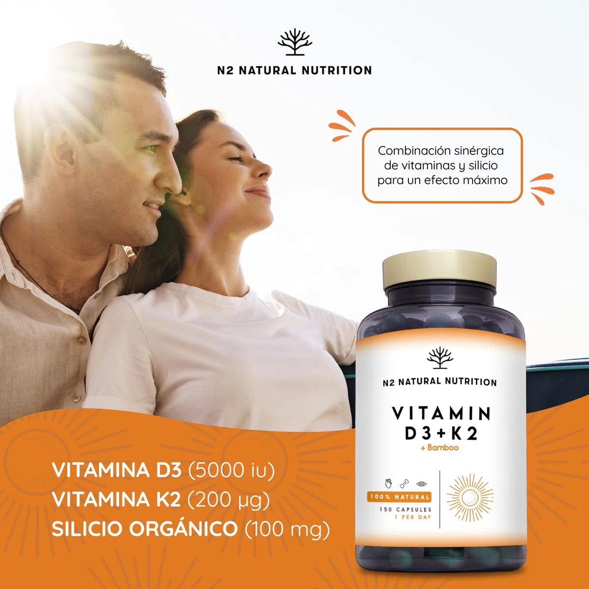 Vitamina D3 y K2. Vitamina D3 5000 ui + Vitamina K2 MK7 200 μg + Silicio + Bamboo. Alta Dosificación y Biodisponibilidad. Contribuye al Sistema Inmunológico. 150 Cápsulas. N2 Natural Nutrition