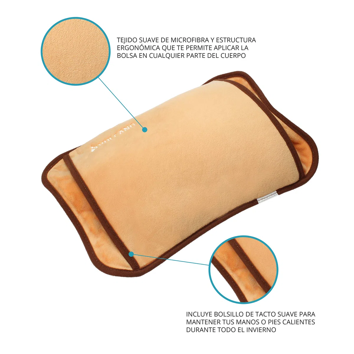 TM Electron Vulcano Bolsa De Agua Térmica Calefactable En 5 Minutos Para 2 Horas De Uso Con Recubrimiento Suave De Microfibra Para Calmar Molestias Musculares, Marrón, 29x20x6 cm