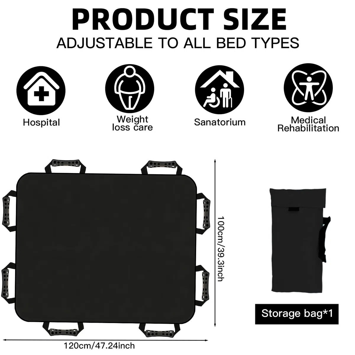 Tabla de transferencia para levantadores de pacientes – 100 x 120 cm paño deslizante para personas postradas en cama con 8 asas, para pacientes ancianos y postrados en cama, para personas mayores