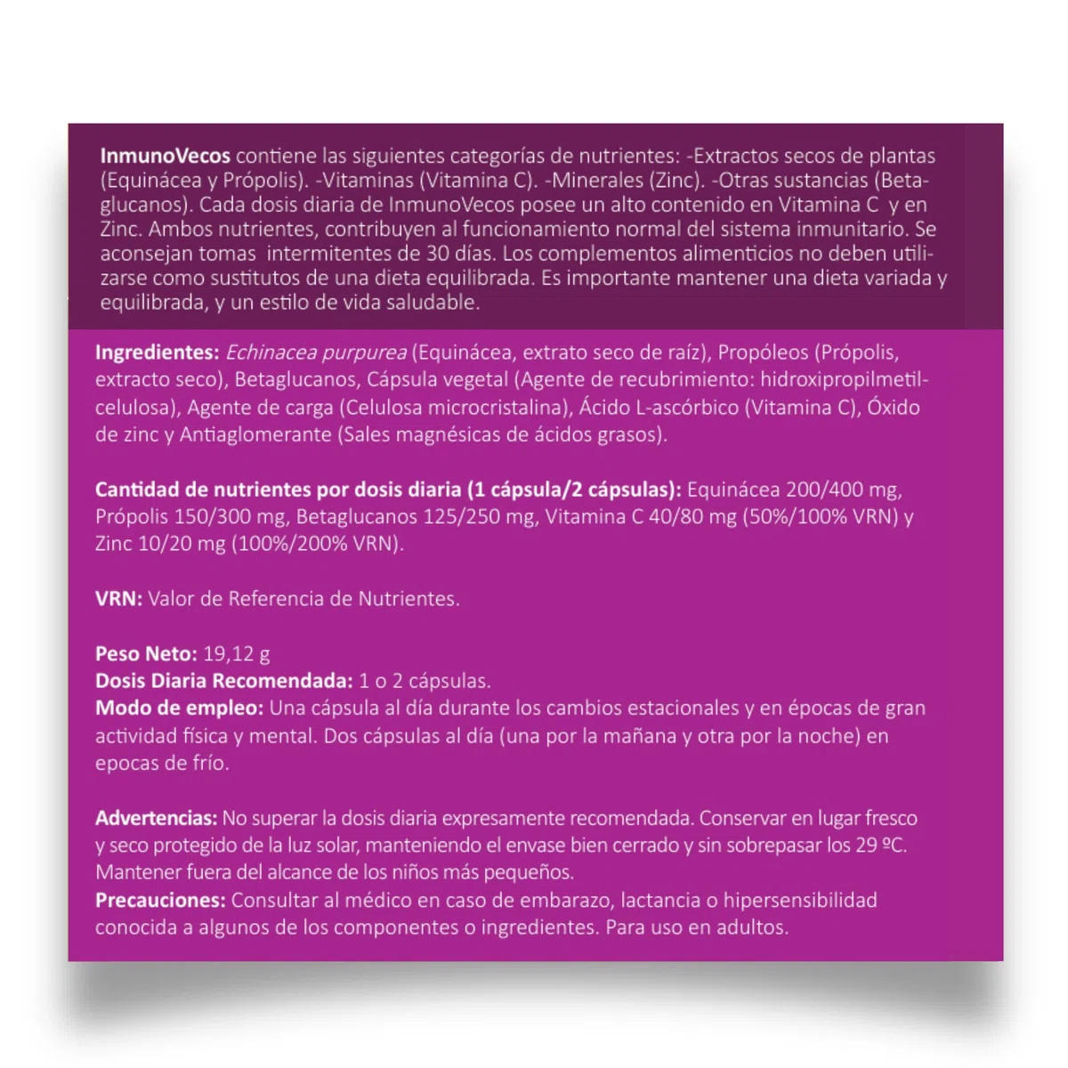 INMUNOVECOS Complemento alimenticio con Equinácea, Propóleo, Vitamina C y beta-glucanos – 30 cápsulas