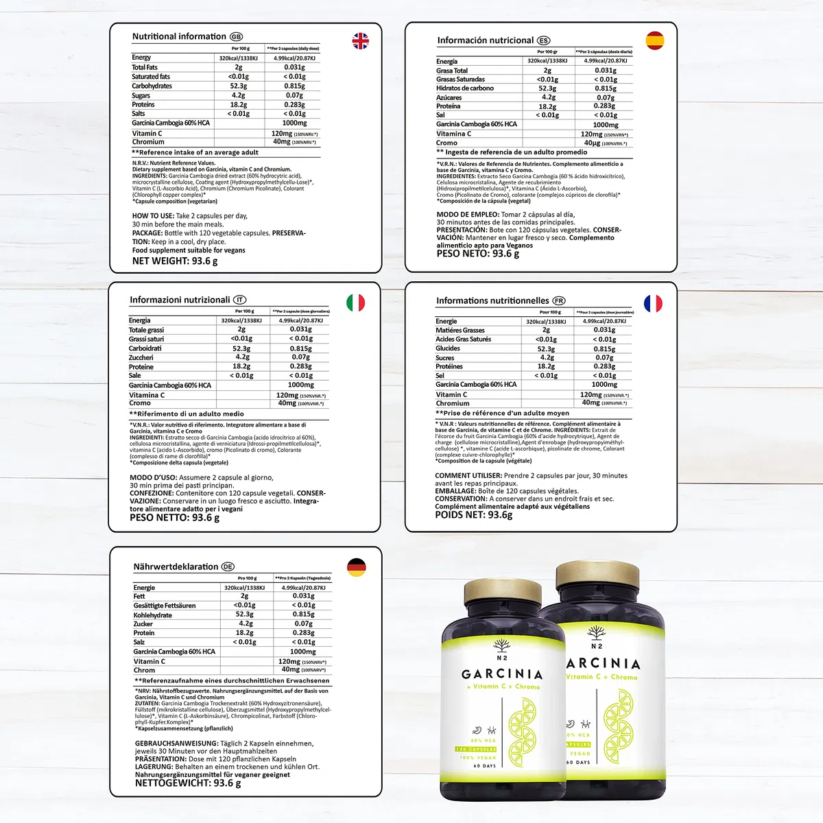 Garcinia Cambogia 60% HCA + Vitamina C y Cromo. Suplemento Natural para Adelgazar y Controlar el Apetito. 120 Cápsulas veganas. N2 Natural Nutrition